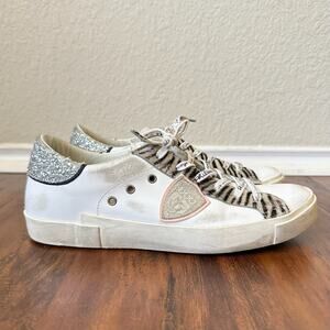 PHILIPPE MODEL Sneakers White Zebra Lace Up Low Top Metallic